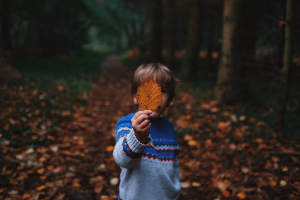 child with leaf on Halloween